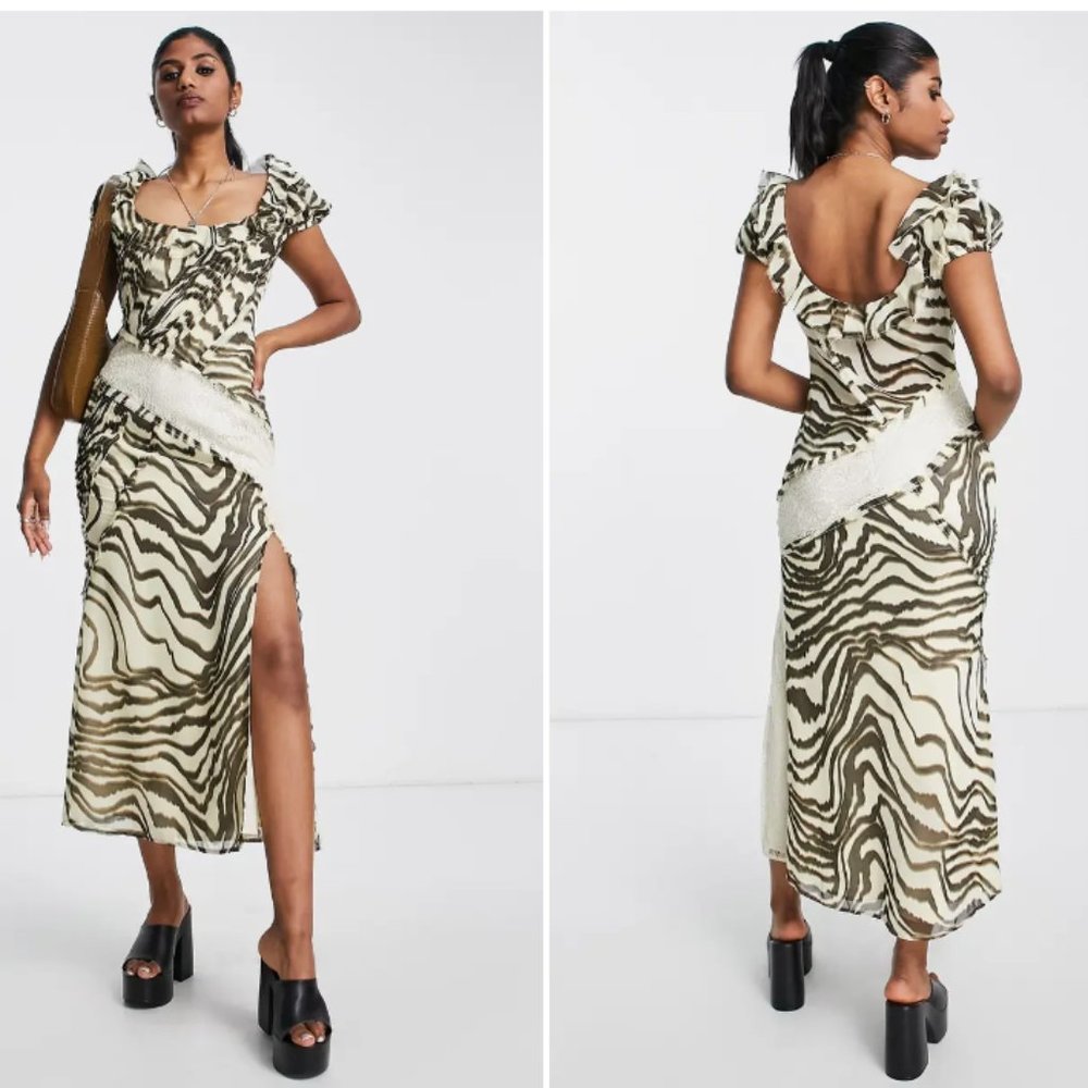 ASOS DESIGN ZEBRA PRINT LACE INSET MIDI DRESS sz 10 US/ 14 UK